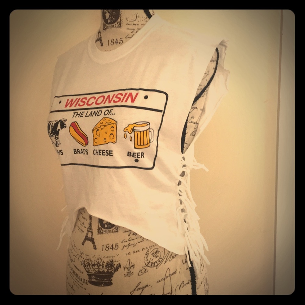 NEW Upcycled Funny Wisconsin Crop Fringe Top Beer